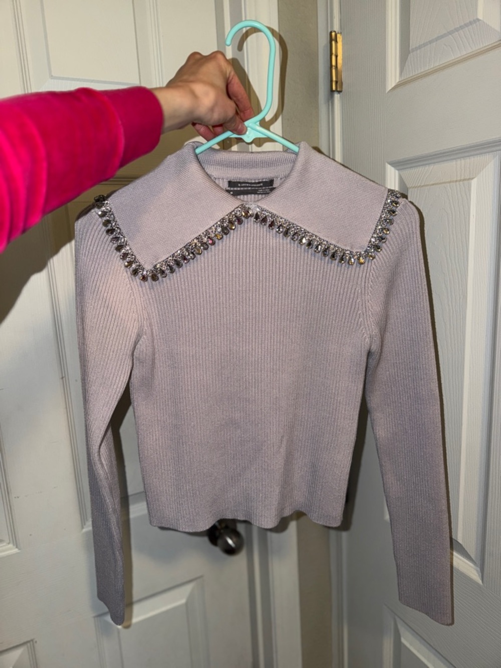 Anthropologie Lavender Crystal-Embellished Collar Sweater